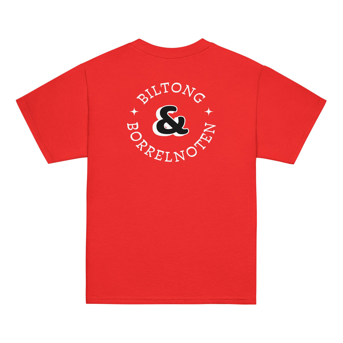 Red kids t-shirt with large “Biltong & Borrelnoten” graphic on the back and Two Homes One Heart chest design on the front, South African Roots youth tee.