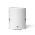 White glossy ceramic mug with black typographic design reading “Biltong & Borrelnoten,” funny South African and Dutch crossover mug.