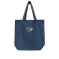 Dark blue organic denim tote bag with small embroidered Two Homes One Heart design combining South African and Dutch flag colours.