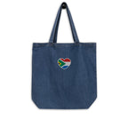 Dark blue organic denim tote bag with small embroidered Two Homes One Heart design combining South African and Dutch flag colours.