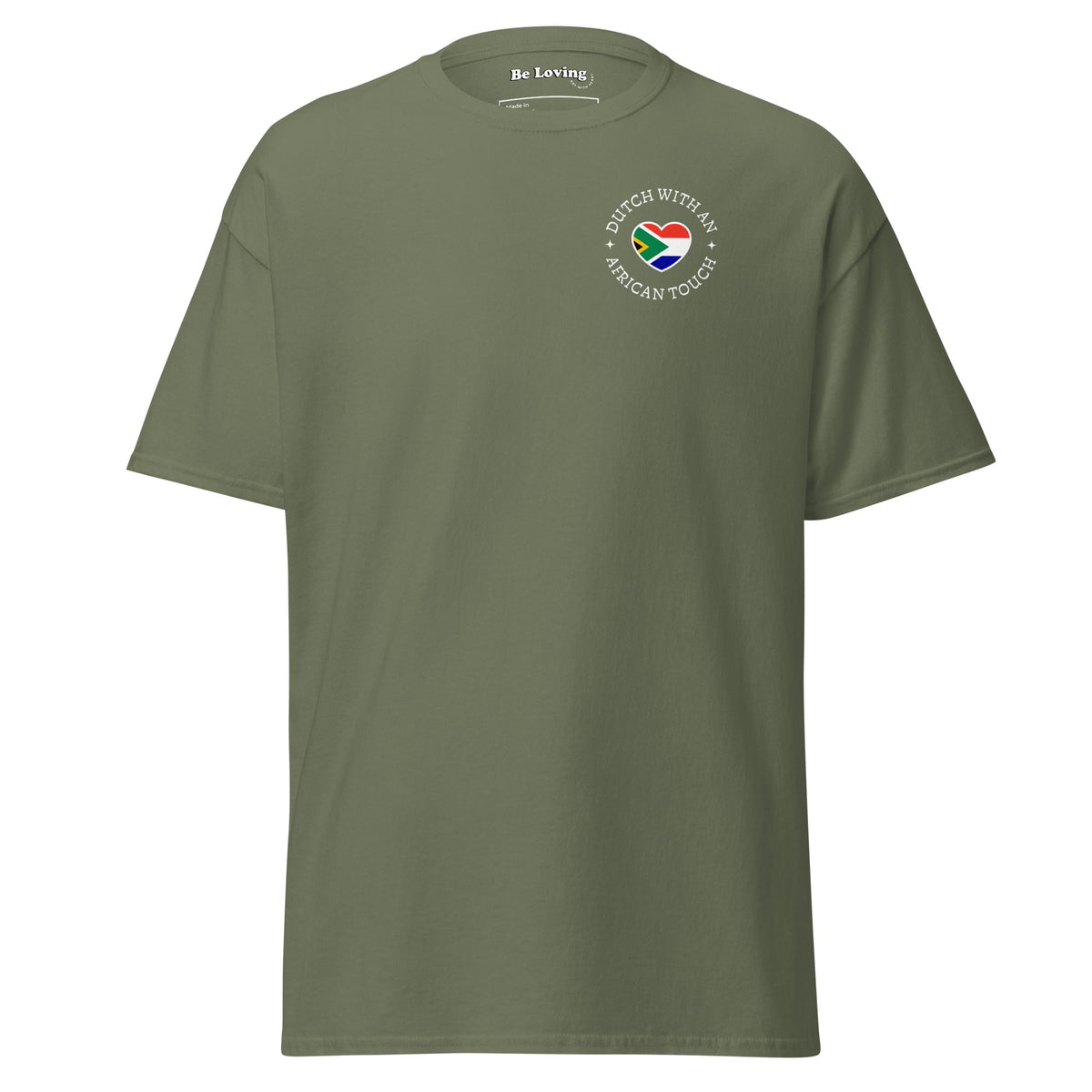 Unisex classic t-shirt with small “Dutch With An African Touch” text surrounding a heart combining South African and Dutch flag colours on the chest.